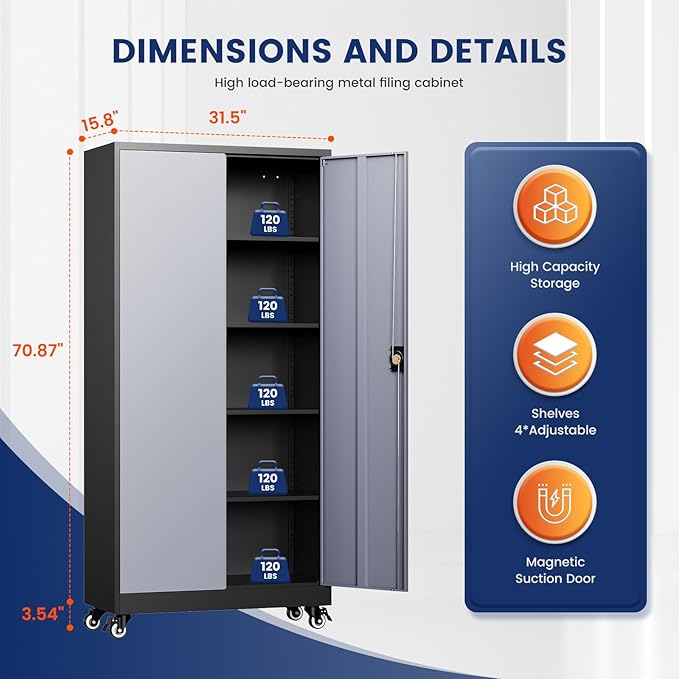 Yizosh Metal Garage Storage Cabinet with Locking Doors and Adjustable Shelves,- 75" Rolling Steel Tool Cabinet for Home Office,Garage,Warehouse - Image 3