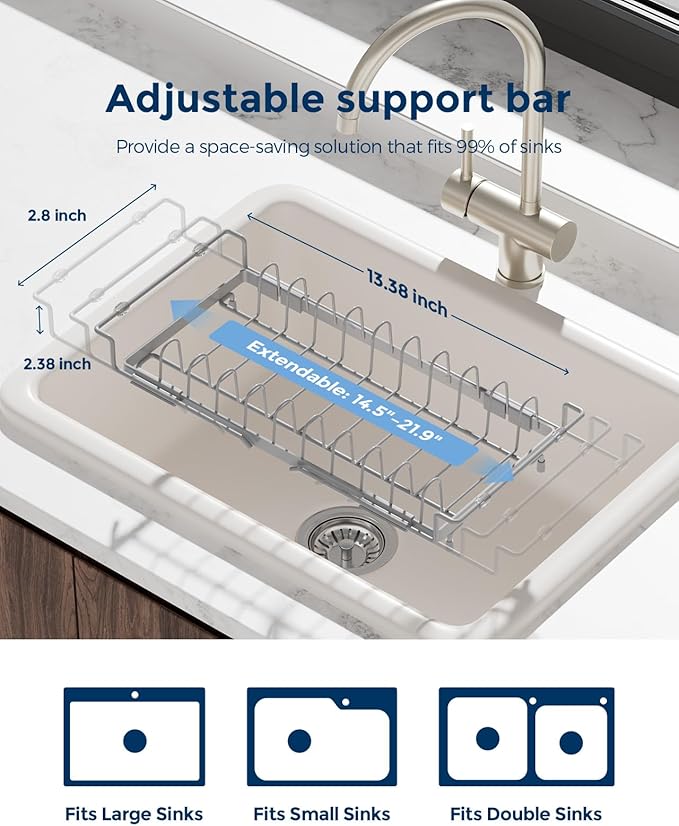 Nacial 2-in-1 Small Dish Drying Rack Fits 14''–21.8'' Sink, Dish Drainers - Image 3