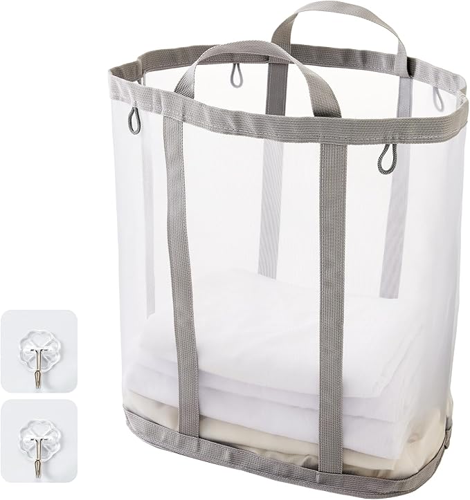 Mesh Laundry bag with Handles, 42L Collapsible Laundry Basket with 2 Hooks - Image 7