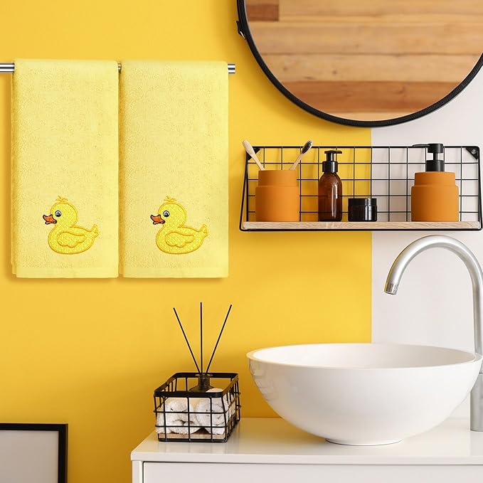 2 Pcs Rubber Ducky Hand Towels Yellow Bathroom Decor 14x29 Inch Embroidered - Image 4