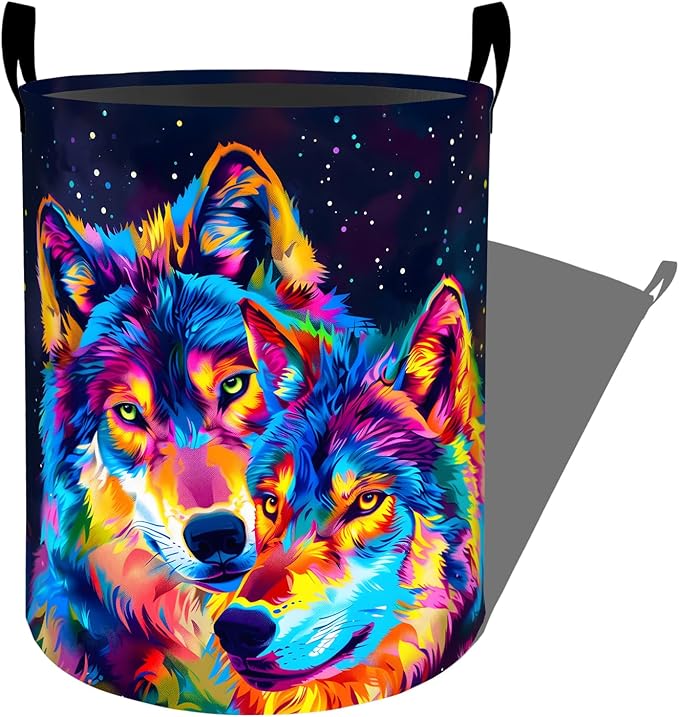 Neon Wolf with Vibrant Color Laundry Basket with Handles, 19.7"x15.7" Clothes by Ti+Caldi
