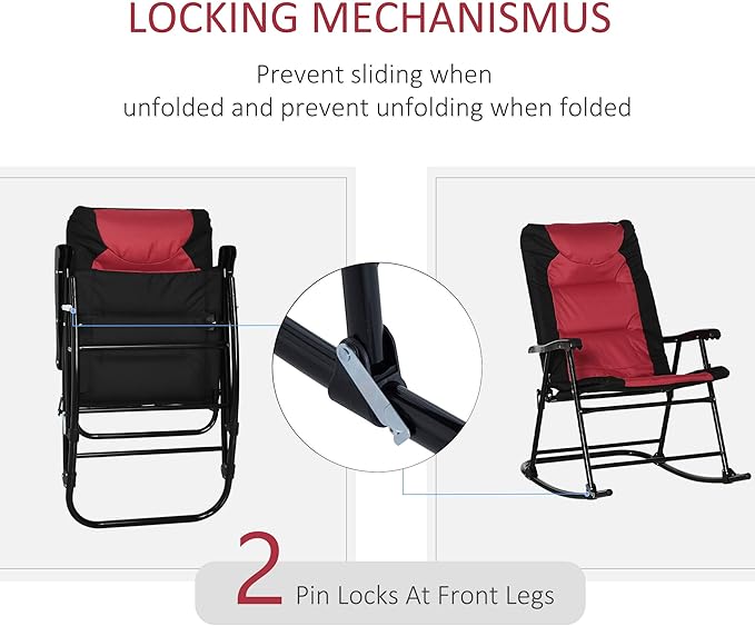 Outsunny Oversized Folding Rocking Camping Chair Set of 2, Padded Outdoor Rockers with High Back and Armrests, Portable Outdoor Patio Chairs with Steel Frame for Garden, Porch, Lawn, Red - Image 5