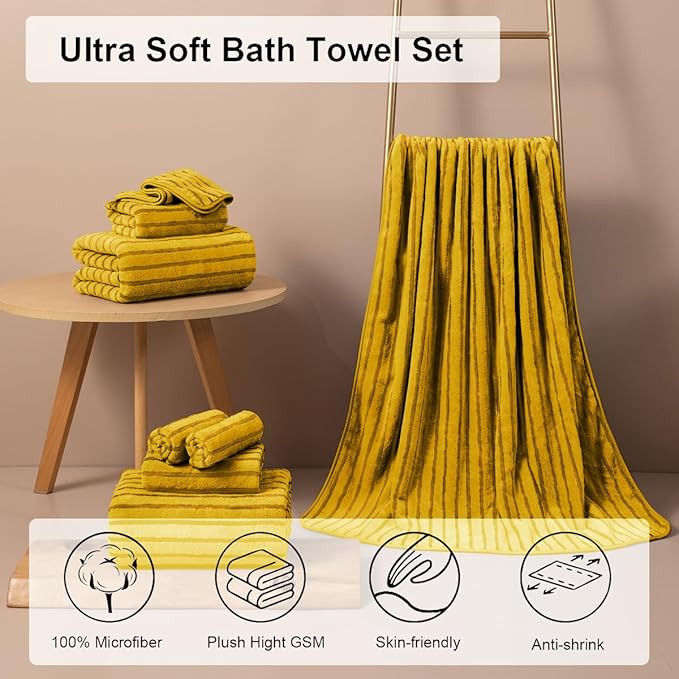 4 Pcs Yellow Cabana Stripe Large Bath Towels 35"x70" Oversized Bath Sheet Super - Image 2