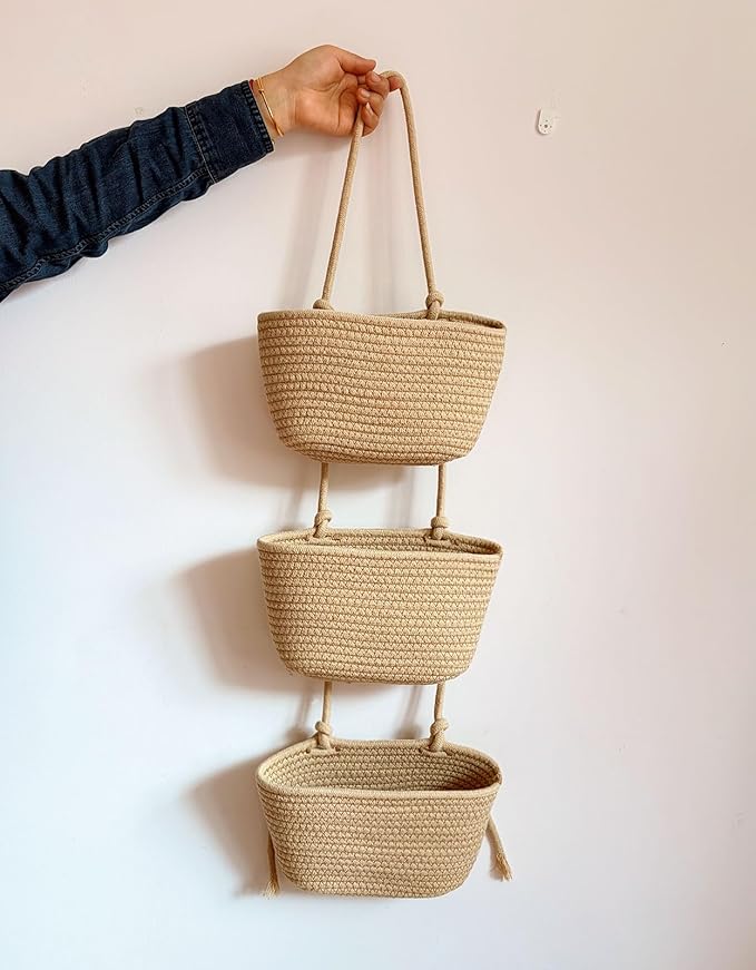 3-Tier Decorative Cotton Rope Hanging Basket, Wall-Mounted Woven Storage - Image 6