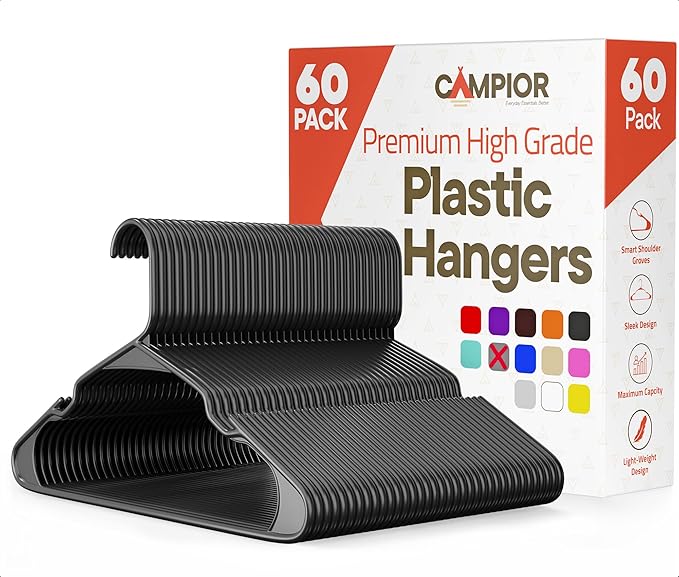 Gray Plastic Hangers 60 Pack– Heavy-Duty Plastic Hangers Slim and Space-Saving by Campior