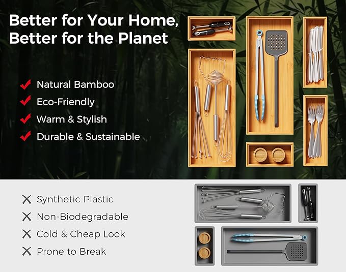 Bamboo Kitchen Drawer Organizer Boxes – 15" x 6" Stackable Wood Silverware - Image 7
