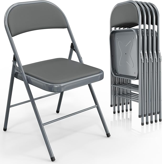 VINGLI 6 Pack Folding Chairs with Padded Seats, Metal Frame with Pu Leather Seat & Back, Capacity 350 lbs, Gray by VINGLI