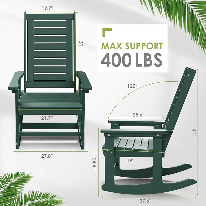 GREENVINES Outdoor Rocking Chairs | Set of 4 | Porch Rocker | HDPE Plastic | Forest | Oversized Rockers | High Back | Big & Tall | Ladder Back | for Patio Outside Backyard Balcony Garden - Image 3