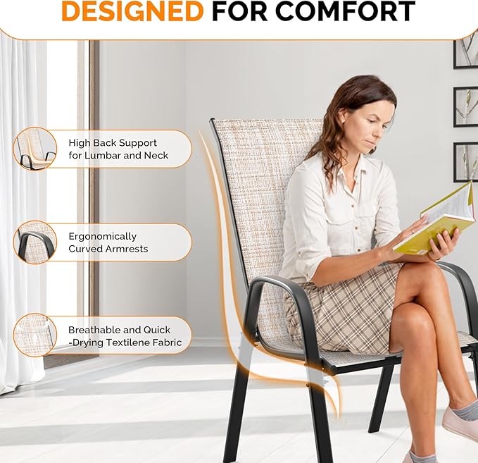 VINGLI Patio Chairs Set of 2 – Stackable Outdoor Dining Chairs with Comfortable Sling High Back Chairs and Armrests for Lawn, Poolside, Courtyard, Balcony, Garden, Yellow - Image 5