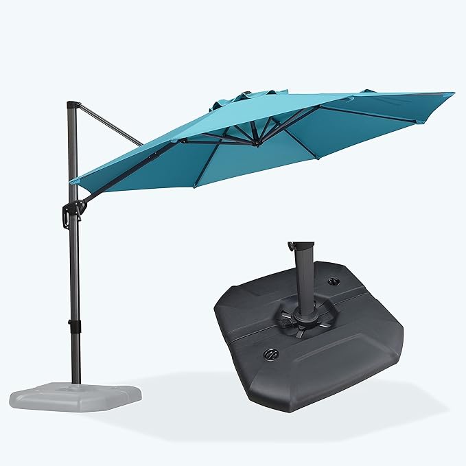 PURPLE LEAF 11 Feet Patio Cantilever Umbrella with Base Outdoor Umbrella Round Aluminum Offset with 360-degree Rotation for Garden Deck Pool Patio, Turquoise Blue - Image 9