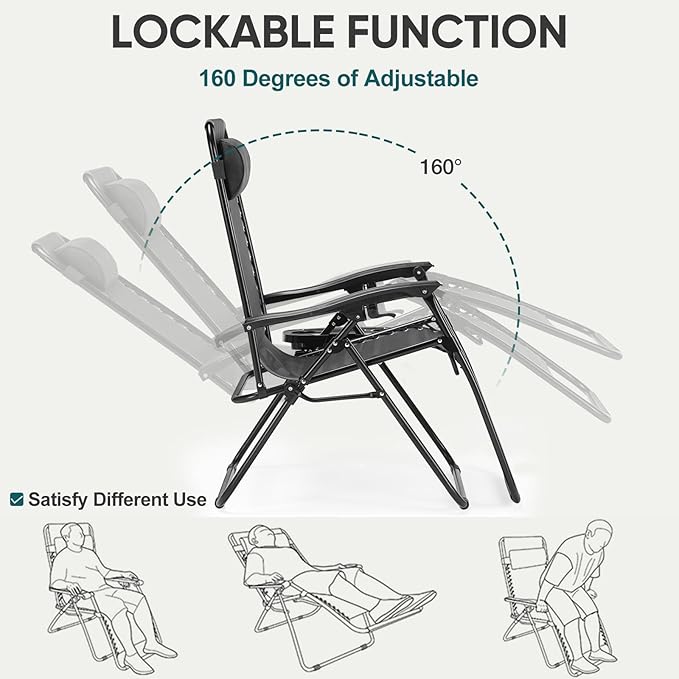 NEWBULIG Zero Gravity Chair Set of 4, Lounge Chair Folding Portable Adjustable Camping Reclining Chairs with Adjustable Pollow, Mesh Back, Cup Holder Trays Lawn Patio Chair for Pool Beach - Black - Image 5
