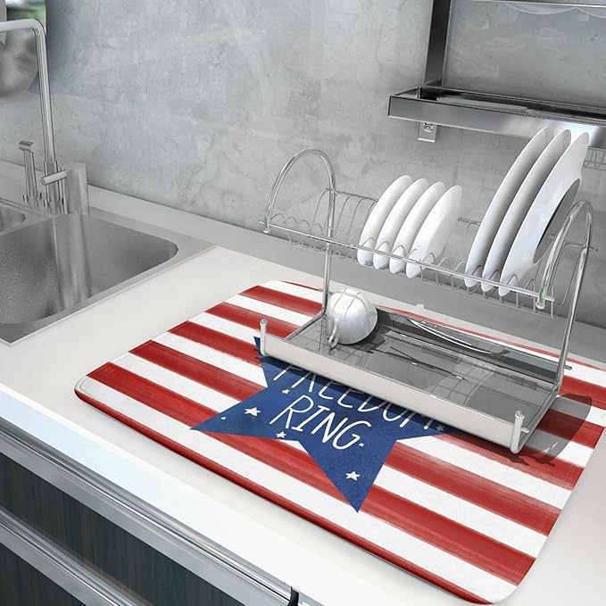 4th of July Dish Drying Mat for Kitchen Counter Patriotic Absorbent Reversible - Image 5