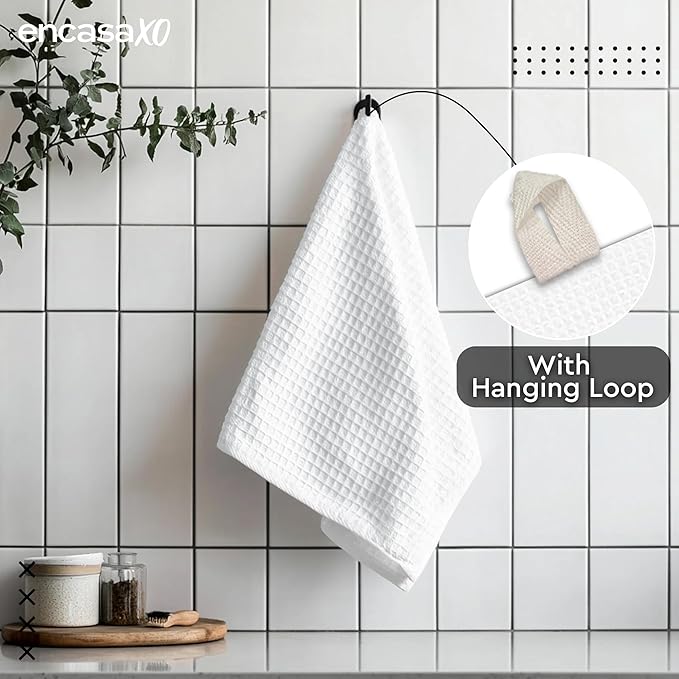 Encasa XO Kitchen Dish Towels Set | White | Waffle Weave and Flat Hand Tea - Image 6