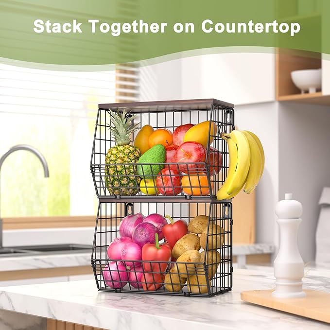 2 Tier Fruit Bowl Fruit Basket for Kitchen Counter Stackable Wall Mounted - Image 6