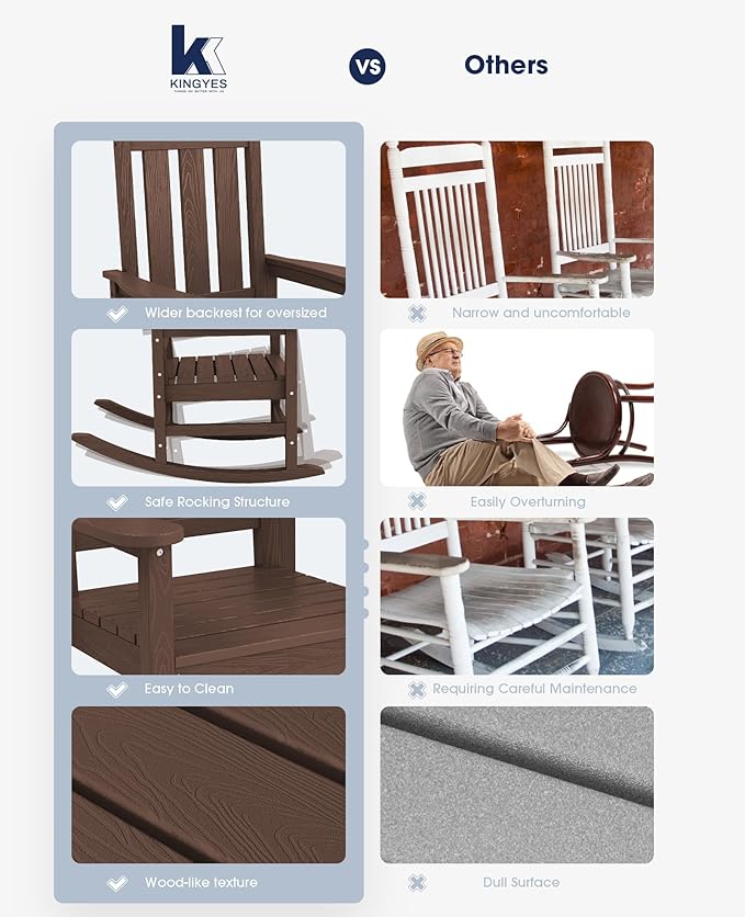 KINGYES Oversized Outdoor Rocking Chair, All-Weather Patio Rocking Chairs for Porch, HDPE Outdoor Patio Rockers with High Back & Wide Seat for Garden, Lawn, Coffee - Image 7