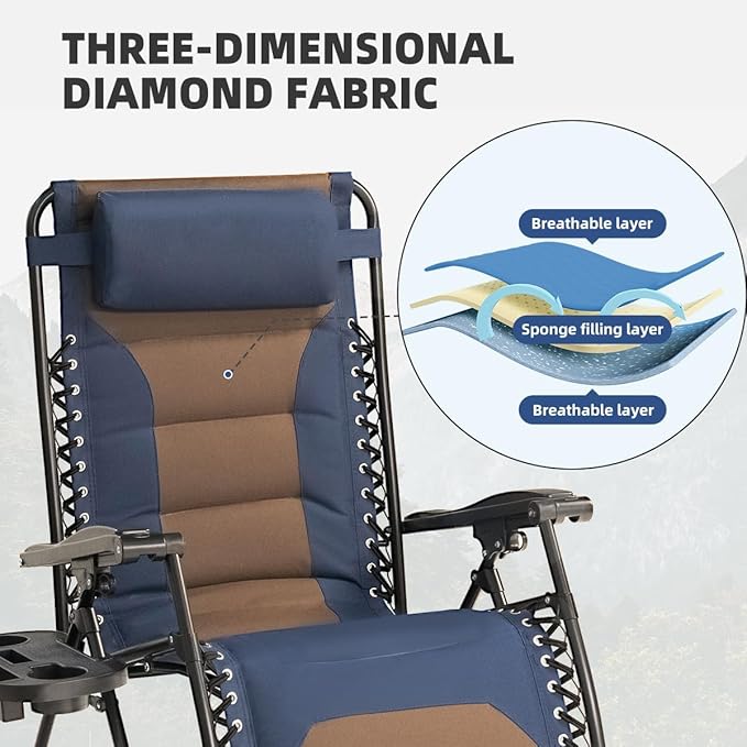 Zero Gravity Chair Set of 4 Oversized Padded Recliner with Adjustable Headrest & Cup Holder - 600D Oxford Folding Lounge Chair for Outdoor Camping, Patio, Poolside (Brown & Blue) - Image 5