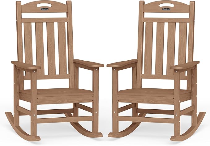 Oversized Rocking Chairs Outdoor Set of 2, High Back Porch Rocking Chair, HDPE All Weather Resistant Patio Chairs, 380lbs Weight Capacity, Teak by Suunyn