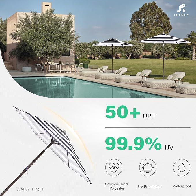 JEAREY 7.5FT Patio Umbrella Outdoor Market Umbrella with 6 Sturdy Ribs, Push Button Tilt/Crank Table Umbrella for Garden, Deck, Backyard and Pool, Black & White Stripe - Image 5