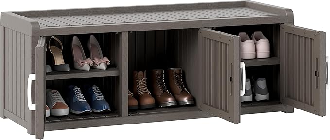 2-Tier Storage Bench, Waterproof UV-Resistant Outdoor Shoe Storage Cabinet with 3 Doors & Adjustable Shelves for Indoor Outdoor Entryway, Hallway, Living Room (Grey) by NBYSGO