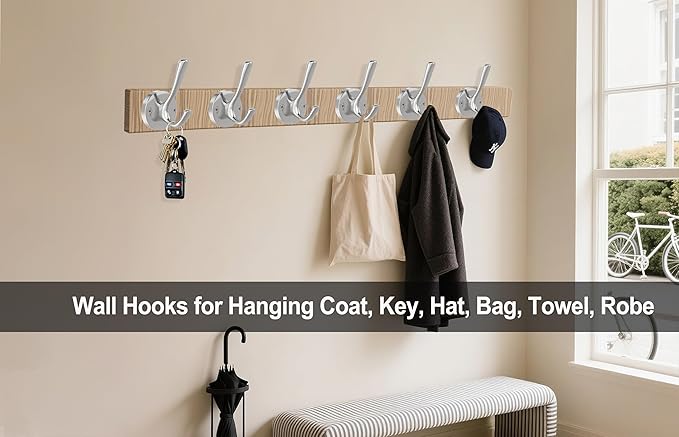 Brushed Nickel Wall Hooks, 4 Pack Heavy Duty Coat Towel Hook Metal Double Hook - Image 6