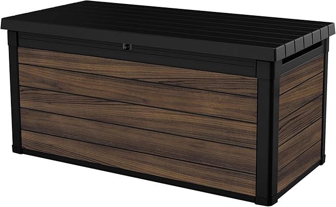 Keter Signature Collection 150 Gallon Resin Deck Box Organization and Storage for Patio Outdoor Cushions, Throw Pillows, Garden Tools and Pool Supplies, Rosewood by Keter