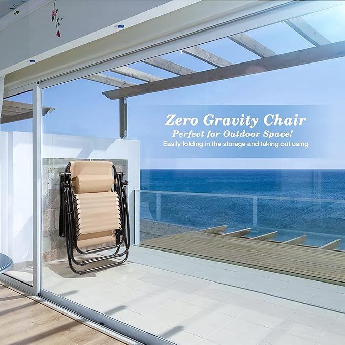 Homall Zero Gravity Chairs - Adjustable Folding Lawn Lounge Chairs with Pillows for Poolside, Backyard and Beach - Set of 2 (Cream-Coloured) - Image 7