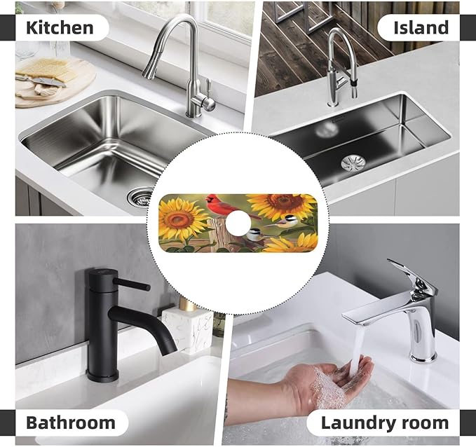 Sunflowers and songbirds Kitchen sink faucet pad, strong water absorption - Image 8