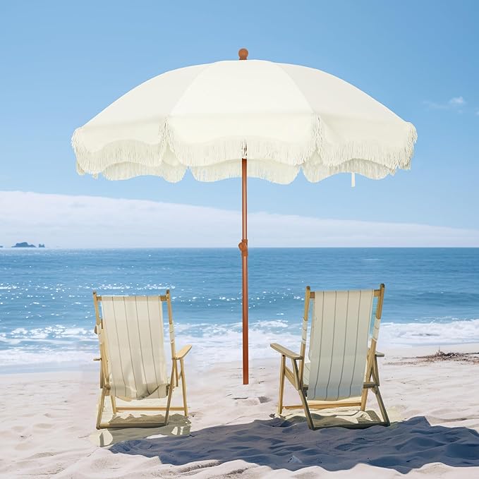 PHI VILLA 7ft Beach Umbrella with Fringe & Sand Anchor, Outdoor Patio Heavy Duty Windproof Portable Tassel Umbrellas for Sand with Push Button Tilt & Carrying Bag, UPF 50+, White(No Base) - Image 8
