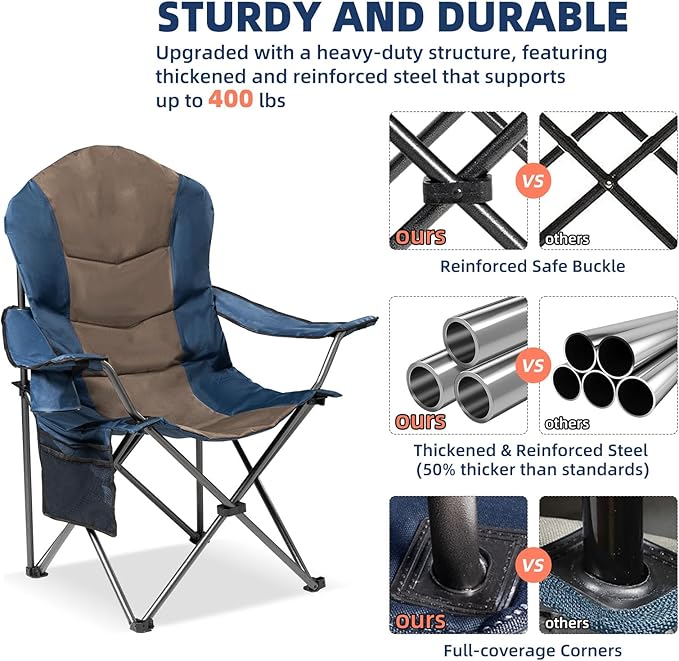 2 Pack Folding Camping Chairs for Adults - High Back Padded Outdoor Lawn Chairs with Lumbar Support & Cup Holder, 400lbs Heavy Duty Portable Camping Chairs Set (Blue & Brown, 2 PCS) - Image 6
