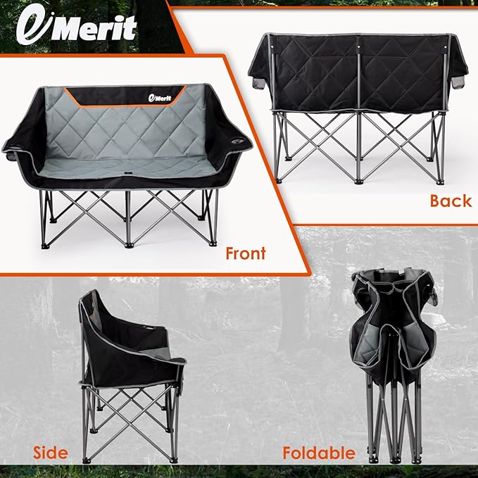 EMERIT Oversized Fully Padded Camping Chair, Heavy Duty 650LB Folding Camping Loveseat, Quad Fold Double Camping Couch with Cup Holders & Carry Bag for Outdoor, Lawn, Sports Events | HIgh Back, Rip resistance, Extra Wide Design, Cross-bracing Hubs, Eas... - Image 6