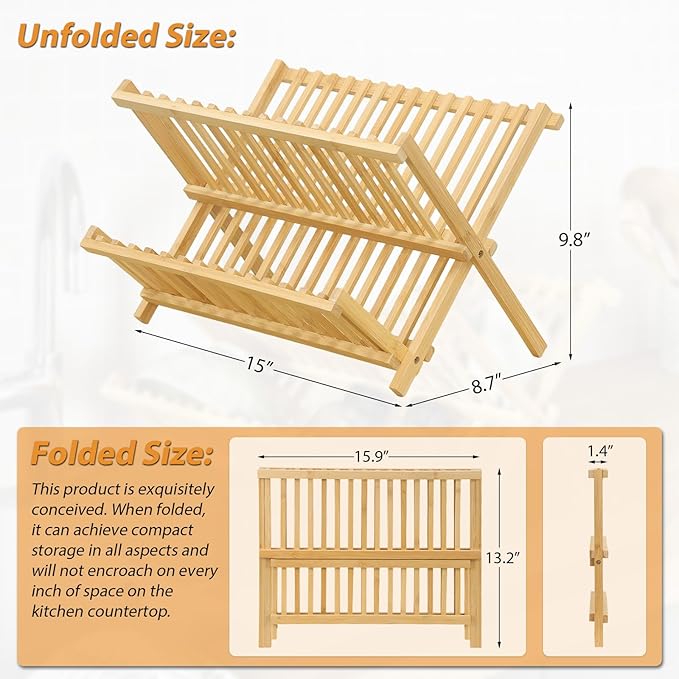 Bamboo Dish Drying Rack, Collapsible 2-Tier Dish Drainer Kitchen Plate Rack - Image 2