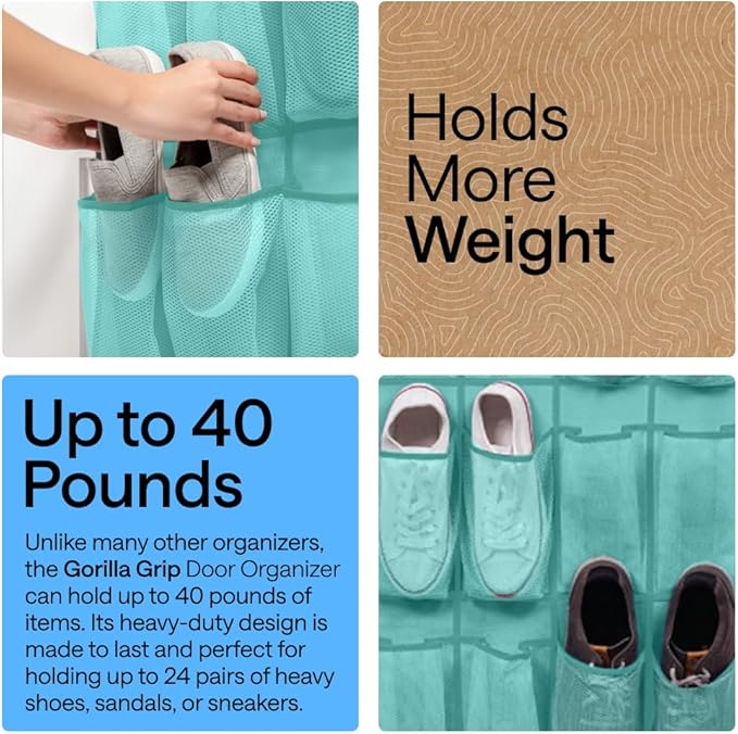 GORILLA GRIP Over the Door Shoe Organizer, 24 Large Breathable Mesh Pockets - Image 3