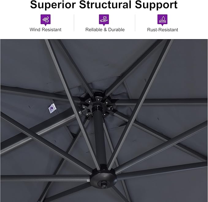 PURPLE LEAF 9 Feet Patio Umbrella with Base Outdoor Cantilever Square Umbrella Aluminum Offset Umbrella with 360-degree Rotation for Garden Deck Pool Patio, Grey - Image 3