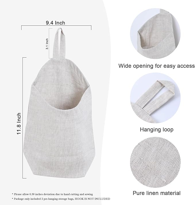 100% Linen Hanging Storage Bags Baskets 2 Pcs, Small Wall Storage Bag - Image 2