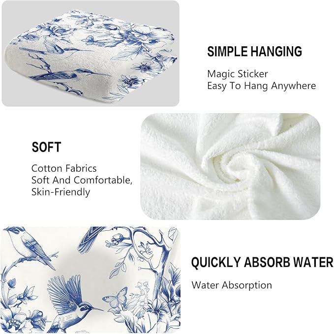 Blue Floral Hand Towels for Bathroom Humingbird Kitchen Towels Watercolor - Image 3