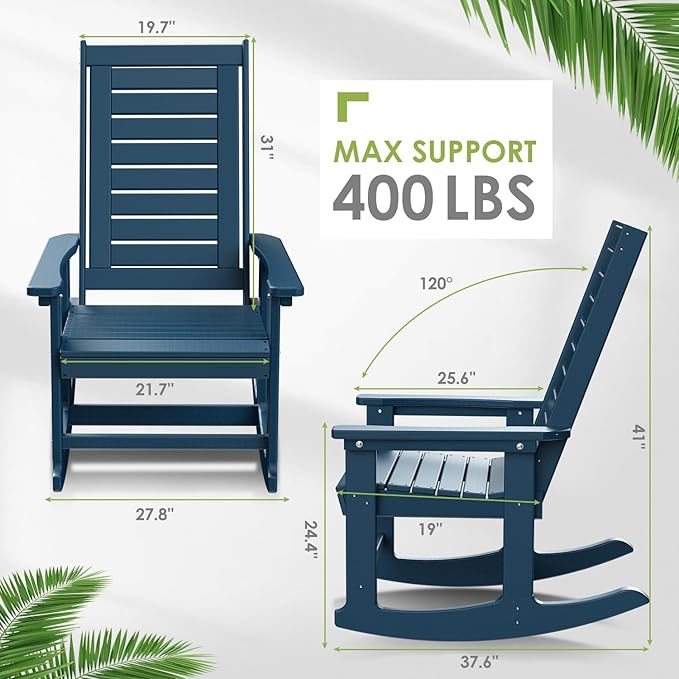 GREENVINES Outdoor Rocking Chairs | Set of 2 | Porch Rocker | HDPE Plastic | Blue | Oversized Rockers | High Back | Big & Tall | Ladder Back | for Patio Outside Backyard Balcony Garden - Image 3