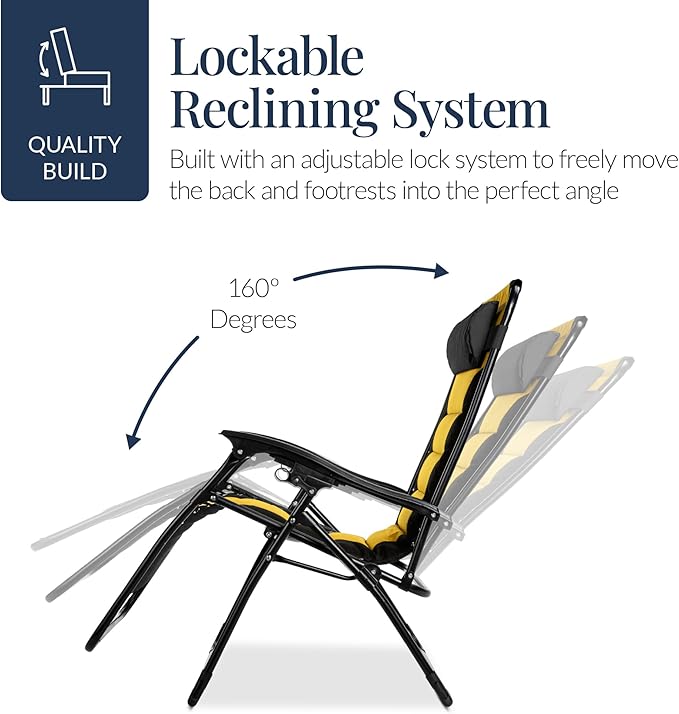 Best Choice Products Oversized Padded Zero Gravity Chair, Folding Outdoor Patio Recliner, XL Anti Gravity Lounger for Backyard w/Headrest, Cup Holder, Side Tray, Polyester Mesh - Black/Yellow - Image 8