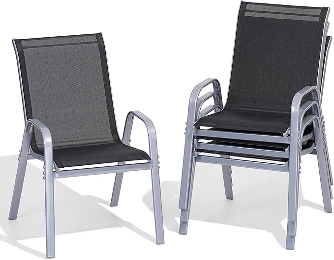 Patio Chairs Set of 4, Easily Set Up Stackable Outdoor Dining Chairs with High Back and Wide Seat, All Weather Breathable Outdoor Chairs Set of 4 with Metal Frame for Backyard Deck Pool, Black by Dovov
