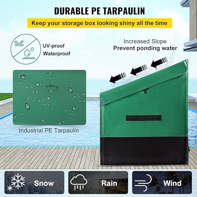 VEVOR Outdoor Storage Box, 100 Gallon Waterproof PE Tarpaulin Deck Box w/Galvanized Frame, All-Weather Protection & Portable, for Camping, Garden, Poolside, and Yard, Black & Green - Image 3