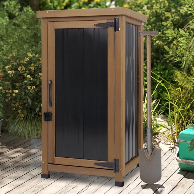 Small Outdoor Storage Cabinet Waterproof with Metal Top, Wood & Metal Outside Potting Bench Table Tool Organizer with Adjustable Shelf for Patio Backyard Garden - Image 8