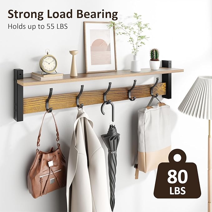 Coat Rack Wall Mount with Shelf, 29 Inch Coat Hanger Walls Mounted, Hat Rack - Image 2