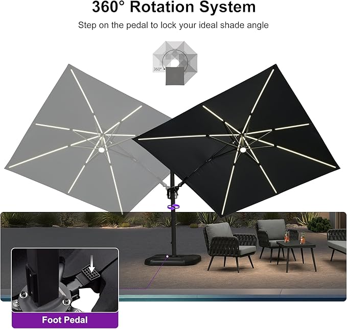 PURPLE LEAF 10 Feet Patio Umbrella with Base Outdoor Cantilever Solar Powered LED Swivel Square Umbrella Aluminum Offset Umbrella with 360-degree Rotation for Garden Deck Pool Patio, Grey - Image 8