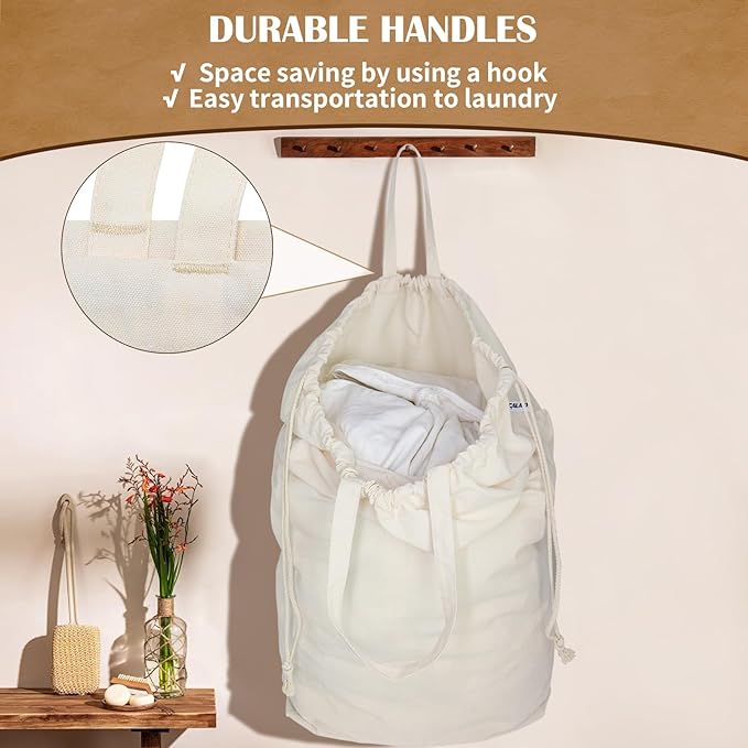 Canvas Laundry Bags with Handles & Square Base 13.8"Lx13.8"Wx27.6"H, Large - Image 4
