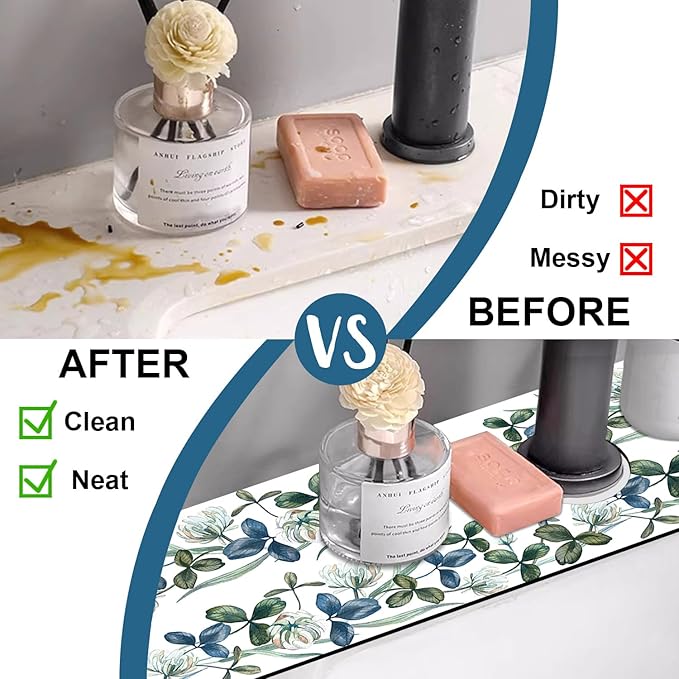 Watercolor Garland Flower Kitchen Sink Splash Guard Faucet Mat Clover Leaves - Image 6