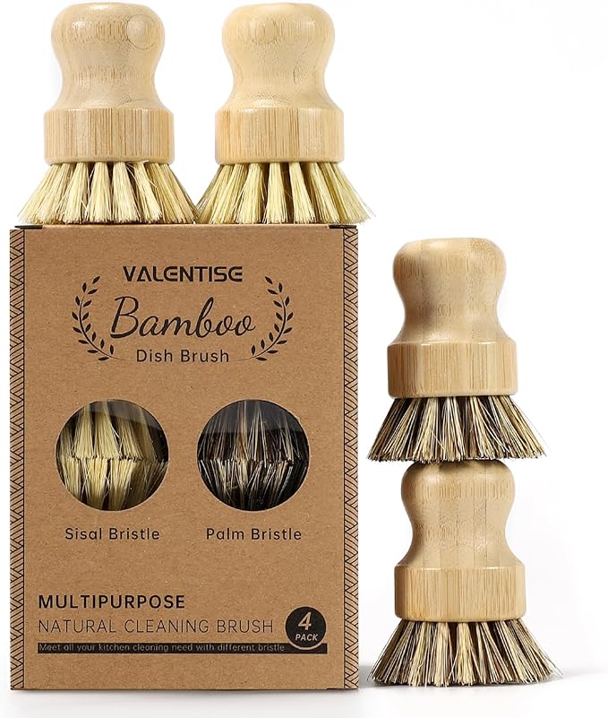 4 Pack Bamboo Dish Brush Set, Natural Palm Dish Scrubber by VALENTISE