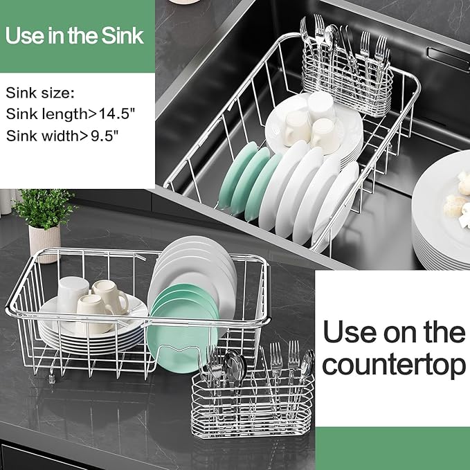 Small Dish Drainer Rack in Sink Adjustable, Expandable Stainless Steel Metal - Image 5