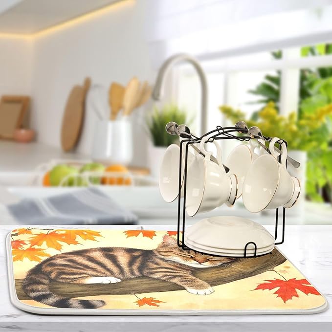 Fall Cats Dish Drying Mat for Kitchen Countertop 16x18 Autumn Maple Leaves - Image 5