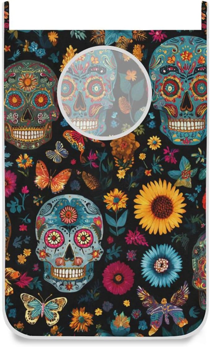 Mexican Skulls and Flowers Hanging Laundry Hamper Door Hampers Bag Basket by Tatenale