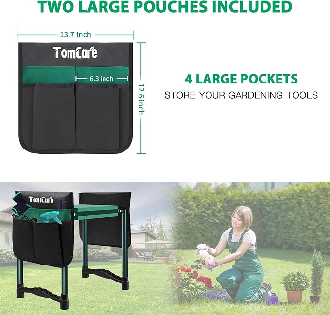 TomCare Garden Kneeler and Seat 10.64” Wider Larger Soft Kneeling Pad Garden Bench with 2 Large Tool Pouches Heavy Duty Garden Stool Foldable Tools Gardening Gifts for Women Men Gardeners - Image 4