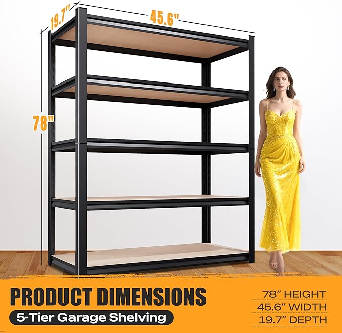 AOAORRG Set of 5 Garage Shelving Heavy Duty Storage Shelves, Metal Adjustable Shelving Unit, Utility Garage Organizer Shelf for Basement, Pantry, Kitchen, Warehouse, 45.6" Wx19.7 Dx78 H - Image 3